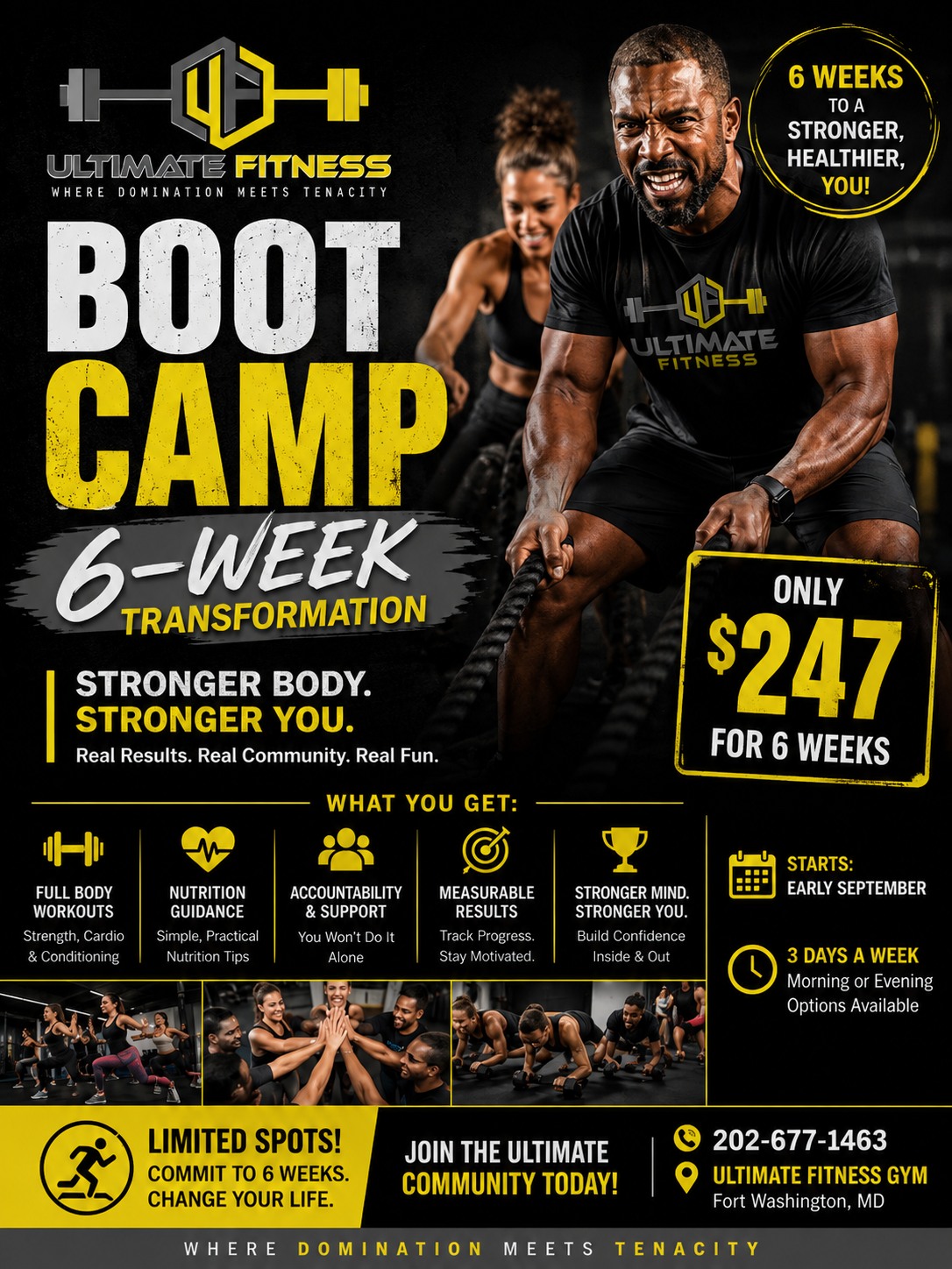 Ultimate Fitness 6-Week Transformation Boot Camp flyer — $247 for 6 weeks, 3 days a week, Fort Washington MD