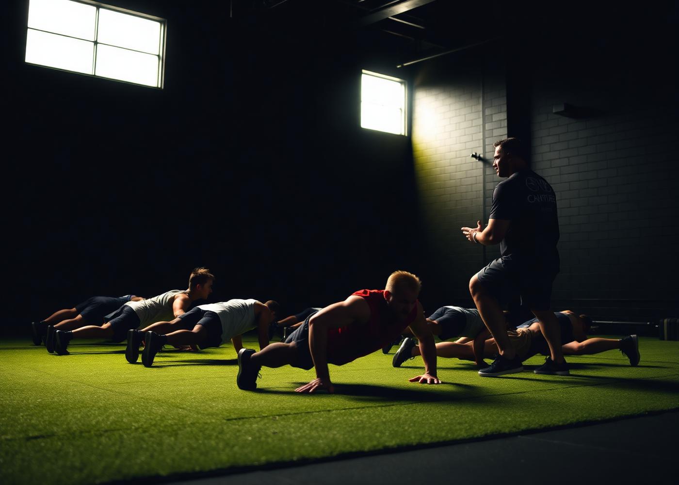 Coach guiding boot camp participants through push-ups at Ultimate Fitness